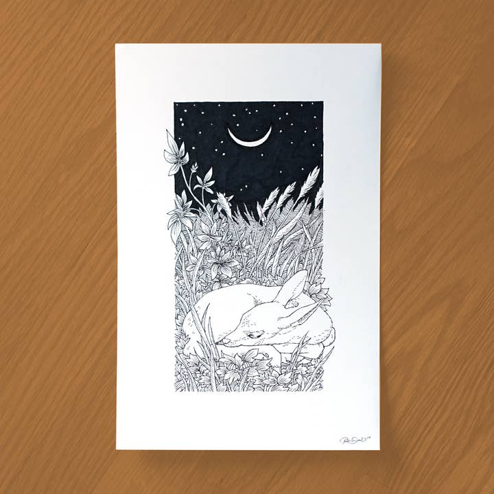 Moonlight Deer Ink Drawing - Framed for wholesale by Robin Good Art & Design