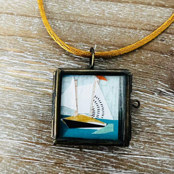 Mini Art Collage Pendant Necklace- Sail Boat for wholesale by Keely Siebenthal Art & Designs