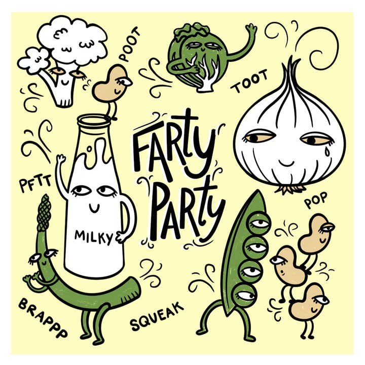 Farty Party Kunstdruck von Partying Veggies für den Großhandel von Lauren Marvell Illustrations