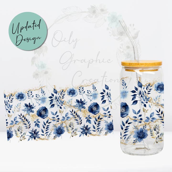 Enveloppe UV DTF 16 oz à fleurs bleues pour la vente par Oily Graphic Creations