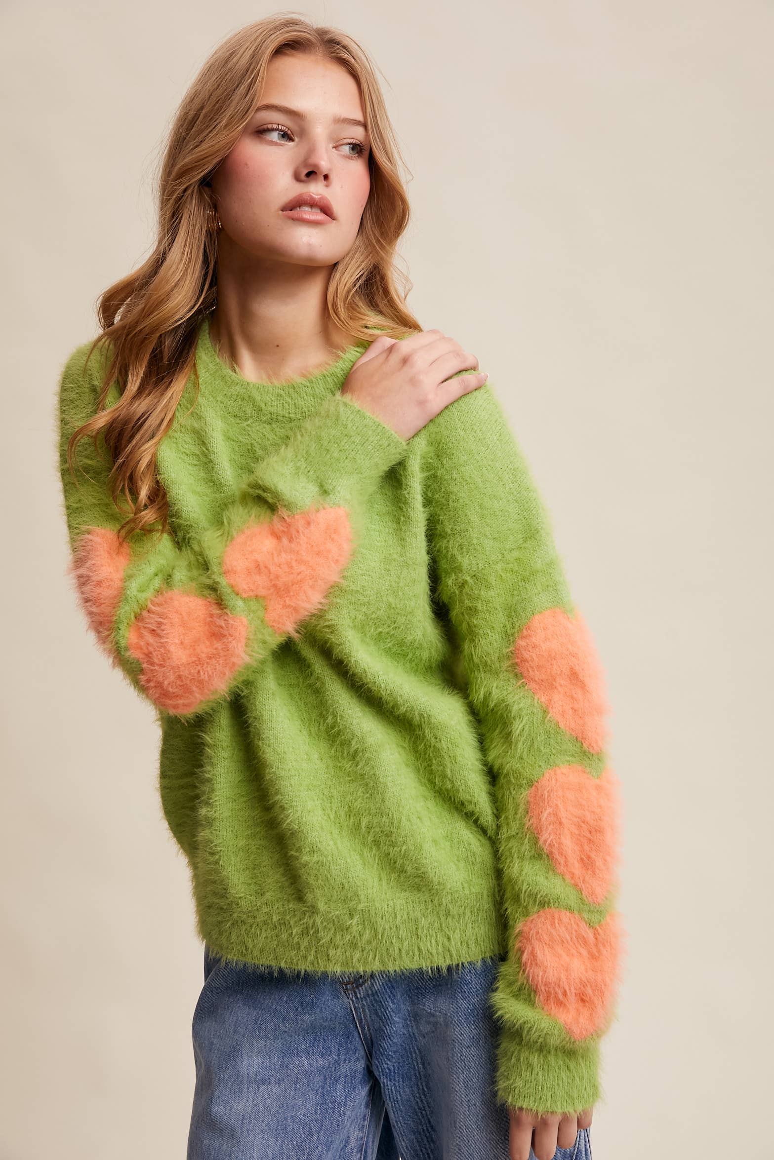 Listicle - Wholesale Knit Sweater - Women's - Fuzzy Heart-Sleeve Pullover Sweater LSW08722