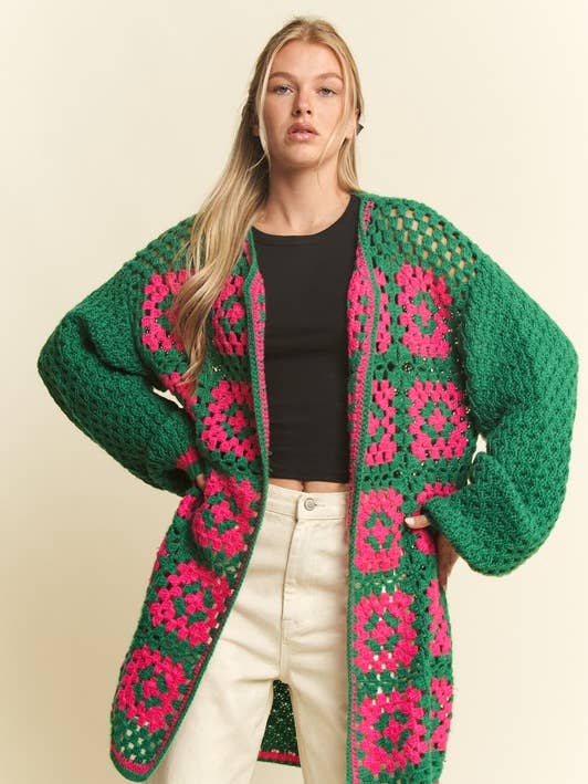 JADE BY JANE - Vendita all'ingrosso Cardigan - Donna - Cardigan in maglia aperta all'uncinetto quadrato con motivo floreale bicolore