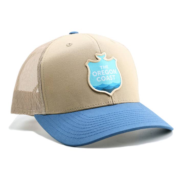Oregon Coast Logo - Tan Trucker Hat for wholesale by Patchmarks