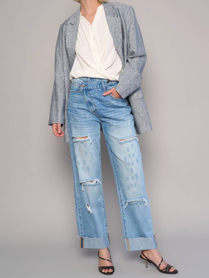 Jean droit croisé taille haute déchiré à ourlet brut pour la vente par Insane Gene USA