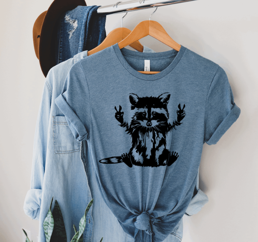 Tron Tron Graphic Wear – wholesale Screen printed t-shirt – Women′s – Peace Loving Raccoon Tee 8