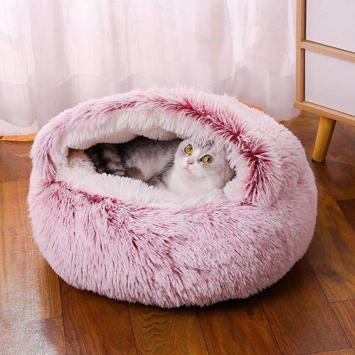 Semi-Enclosed Cat Bed, Plush Round Pet Mat_CWMM5275 for wholesale by PAWPAWwholesale