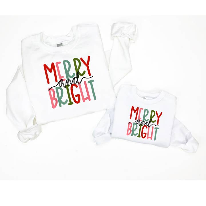 Up2ournecksinfabric - Wholesale Graphic Sweatshirt - Women's - Merry and Bright Sweatshirt, Merry Family Sweatshirts, Family Christmas Pjs, Mommy and Me Christmas, Matching Christmas Sweatshirts1