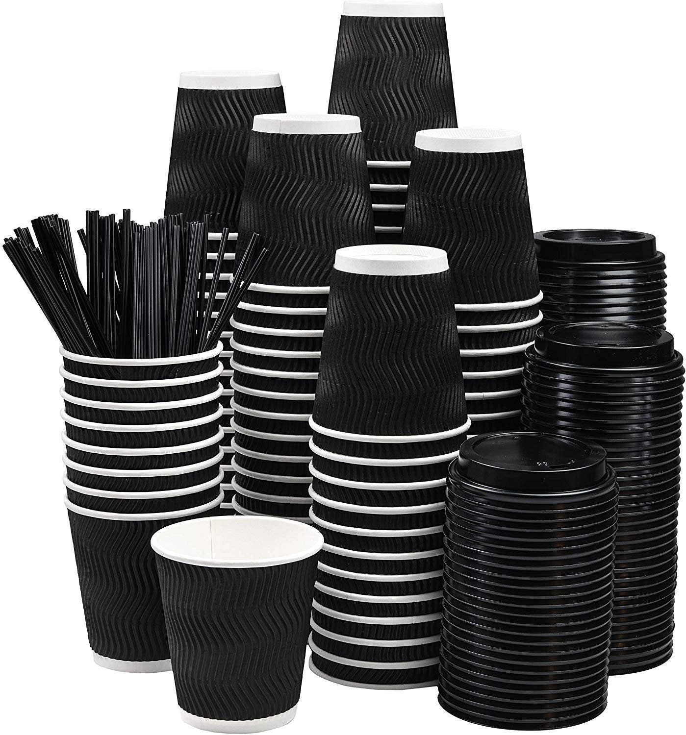 singleware - Wholesale  - NYHI 100Pc Black Disposable Paper Cups with Black Lids and Straw(8oz)1