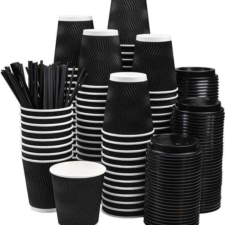 singleware - Wholesale - NYHI 100Pc Black Disposable Paper Cups with Black Lids and Straw(8oz)1