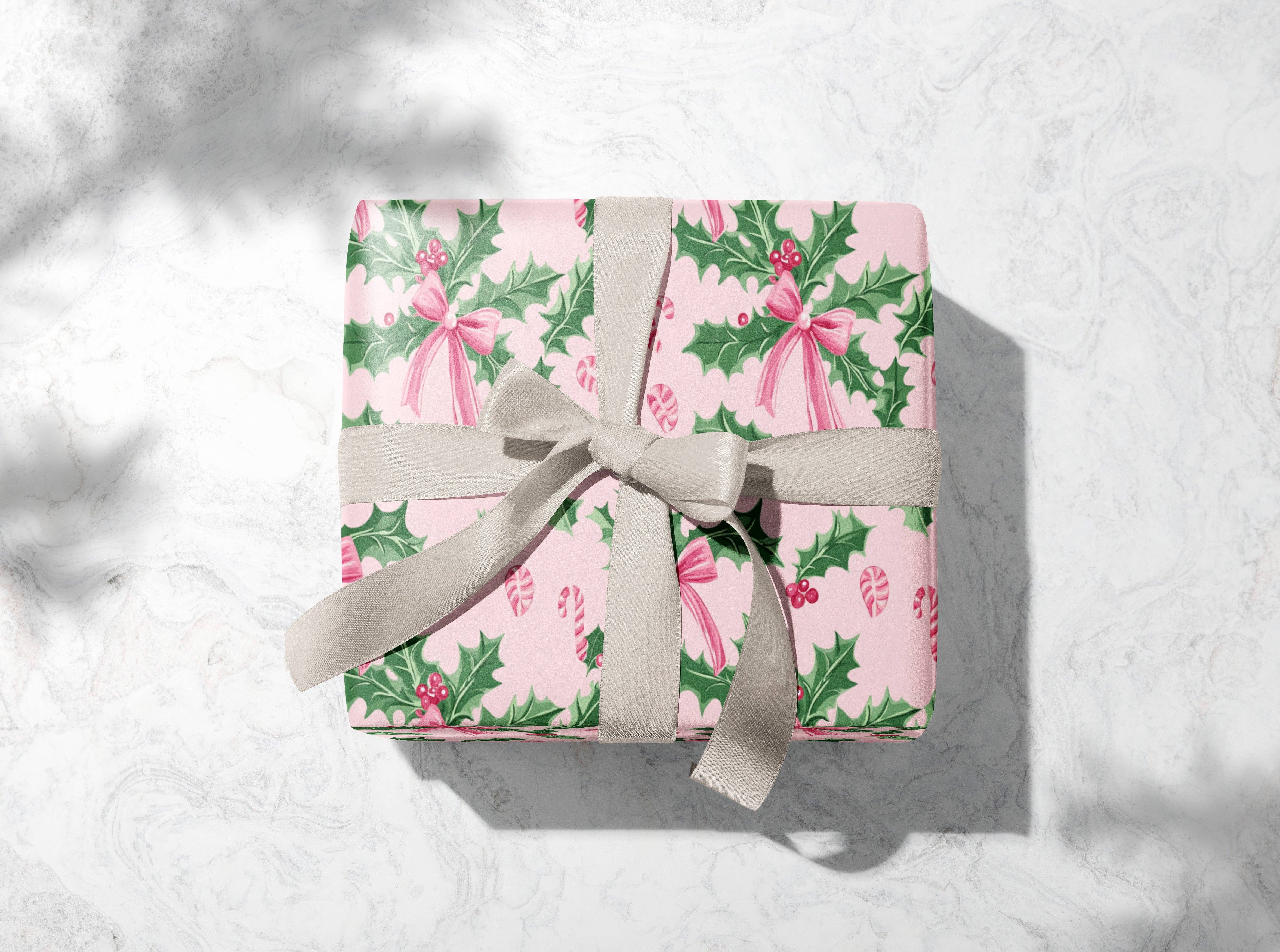 MagicMerchEmporium - Wholesale Wrapping Paper Roll - Pink Holly & Bows Christmas Wrapping Paper3