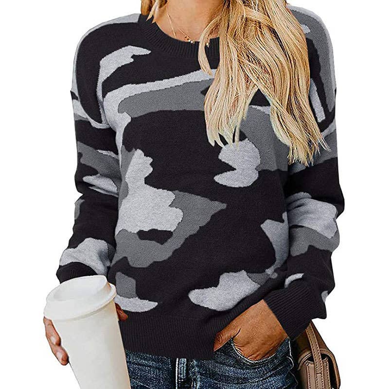 Lily Clothing - Wholesale Knit Sweater - Women's - CAMOUFLAGE LEOPARD PRINT CREW NECK JUMPER0