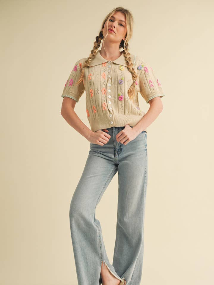 &MERCI - Wholesale Knit Sweater - Women's - HAND EMBROIDERED SHORT SLV BUTTON DOWN SWEATER MSW109532