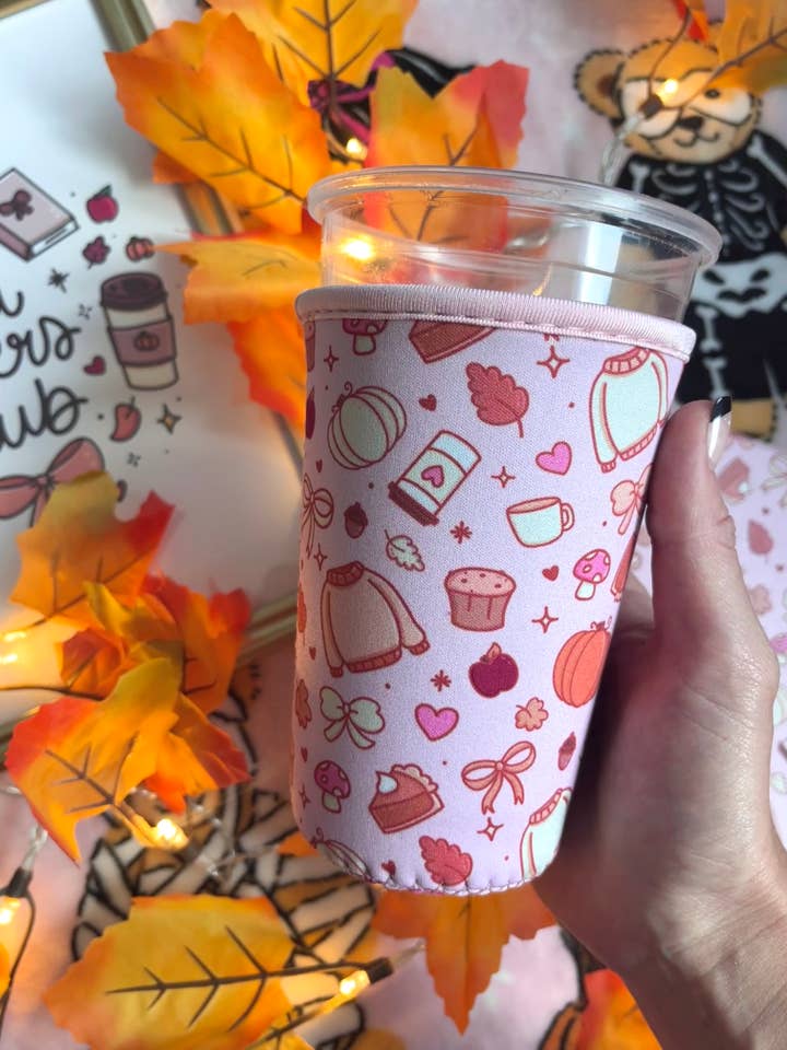 Pink Autumn Iced Coffee Sleeve- 16oz Drink Koozi for wholesale by Illie Millie Designs