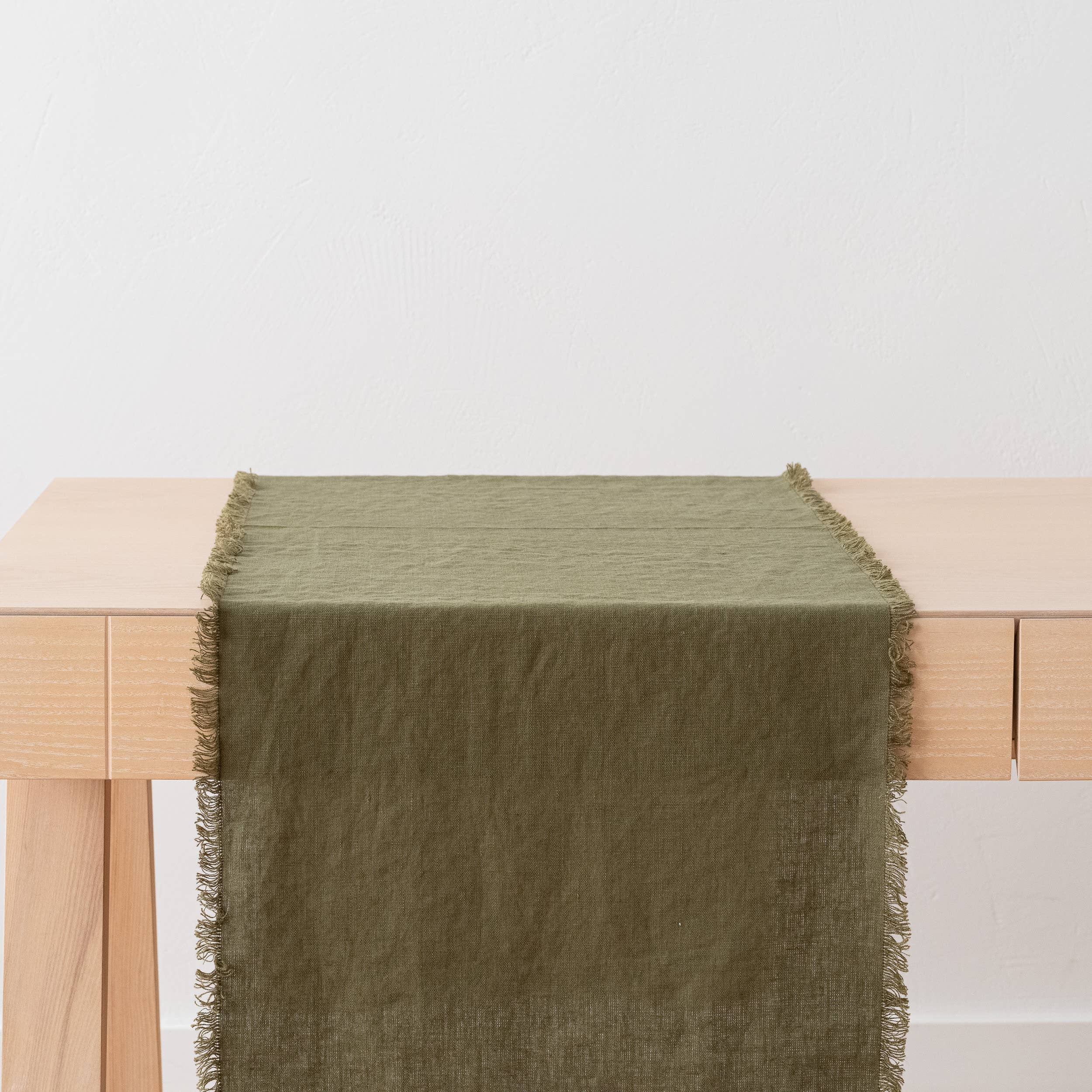 LinenMe - Wholesale Table Runner - Linen Table Runner Olive Green Terra Fringe3