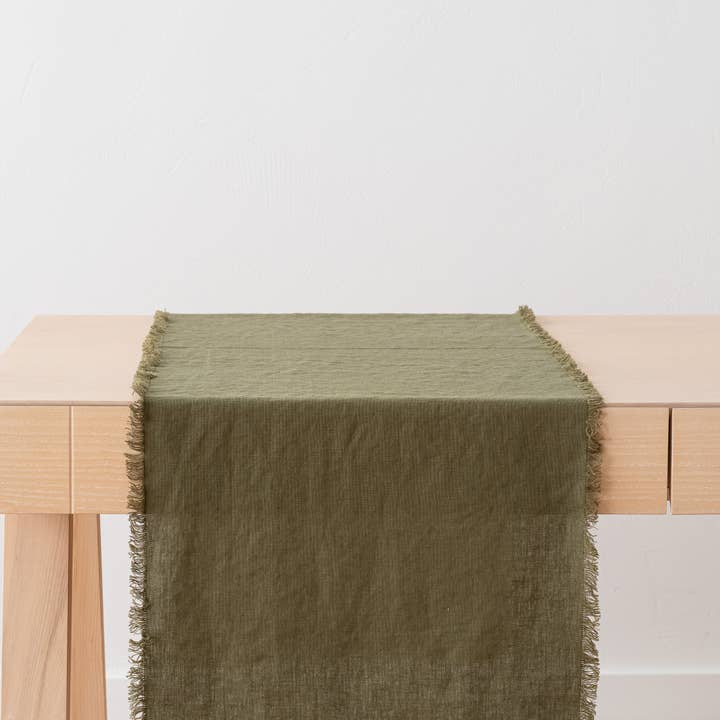 LinenMe - Wholesale Table Runner - Linen Table Runner Olive Green Terra Fringe3