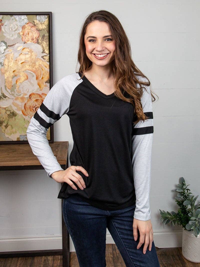 Black Longsleeve Tee with Grey Sleeves & Varsity Stripe for wholesale on Faire