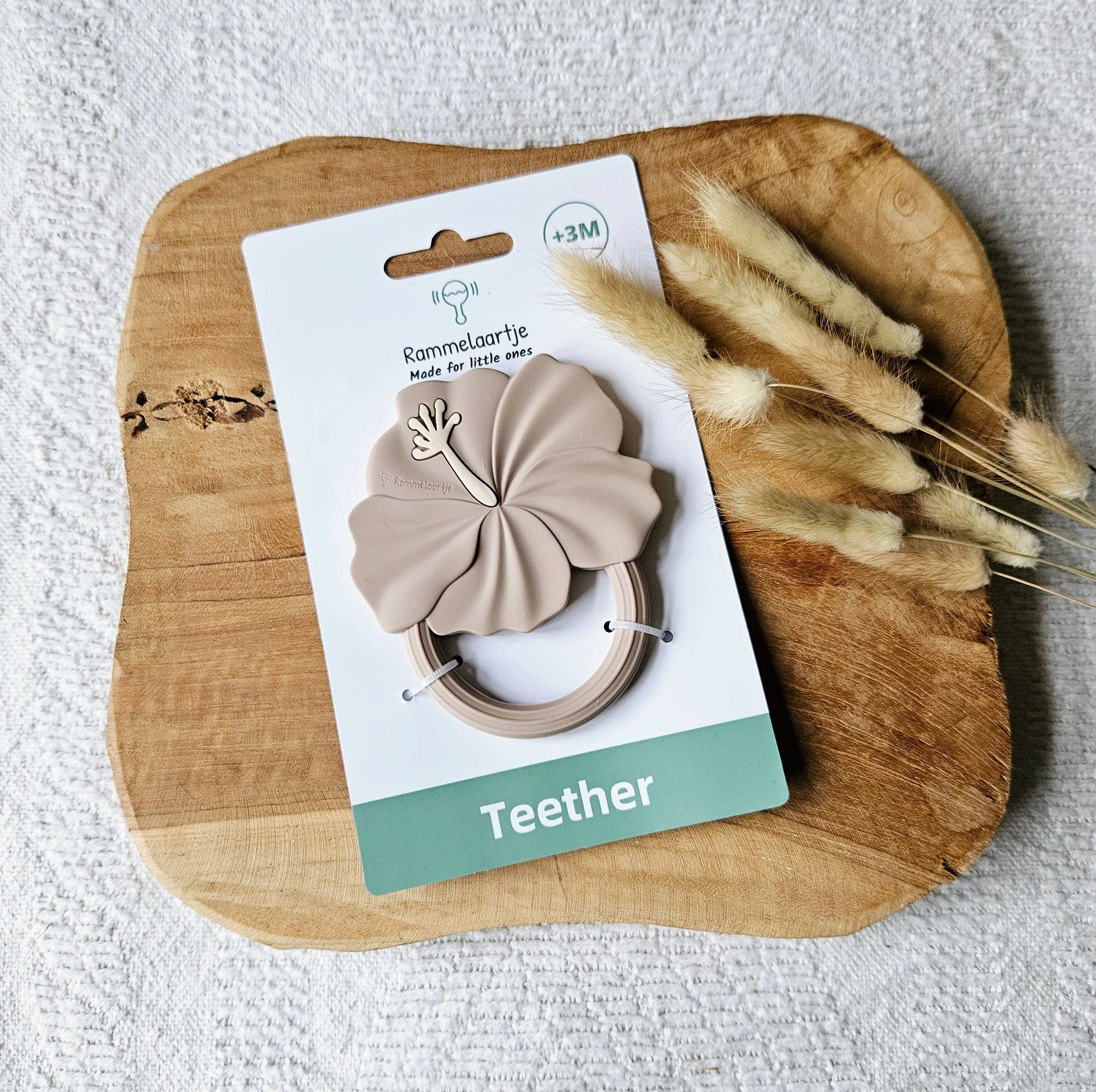 Rammelaartje - Vente Anneau de dentition sans clip – bébé - Anneau de dentition en silicone Hibiscus - Sand2