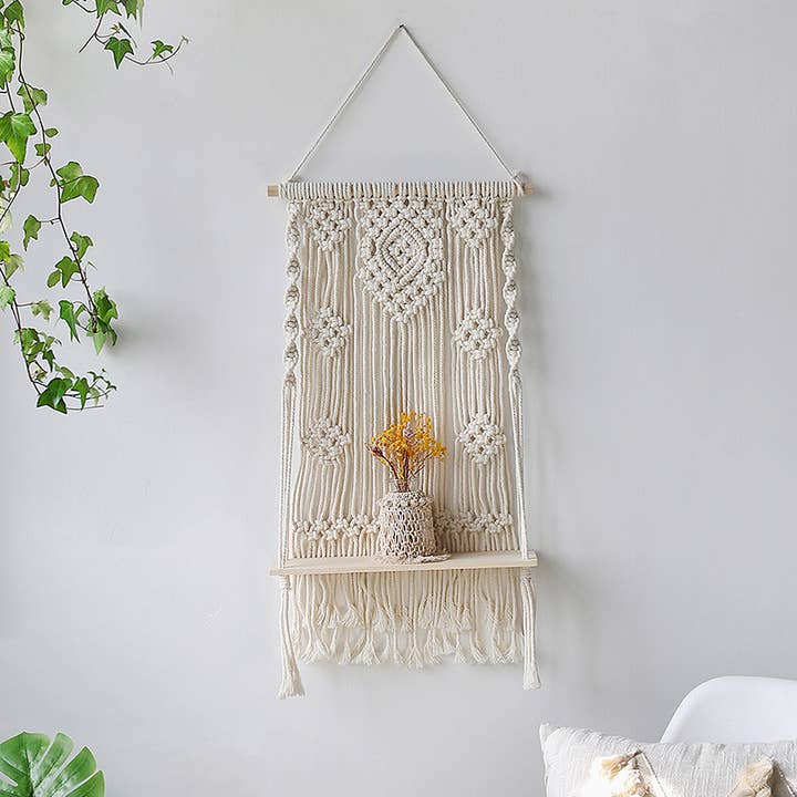 Hanging Plant Basket Wall Wooden Shelf Tapestry Room Decor for wholesale by Ailly's garden