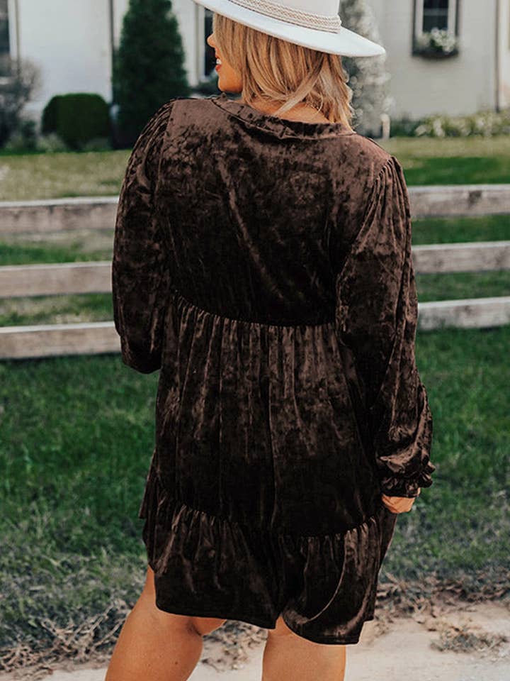 Lovesoft - Wholesale Dress - Women's - Coffee Plus Size Velvet Babydoll Mini Dress with Puff Sleeve1