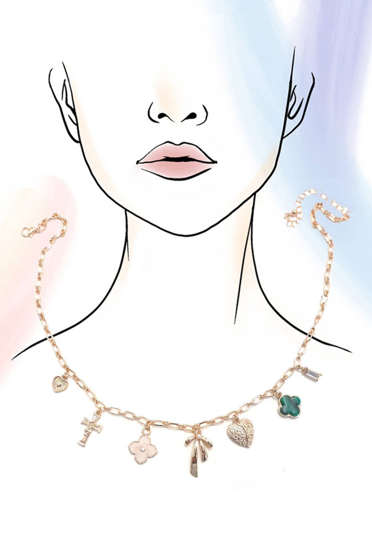 GOLD CHARM NECKLACE-GREEN CLOVER BOW CROSS HEART | 80N91991 for wholesale on Faire3