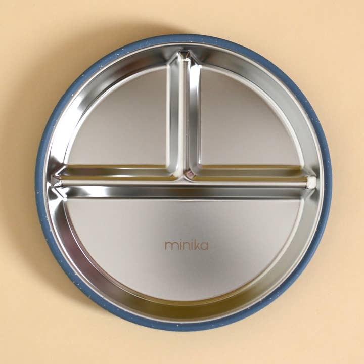 Assiette à succion en acier inoxydable et silicone - Indigo pour la vente par Minika