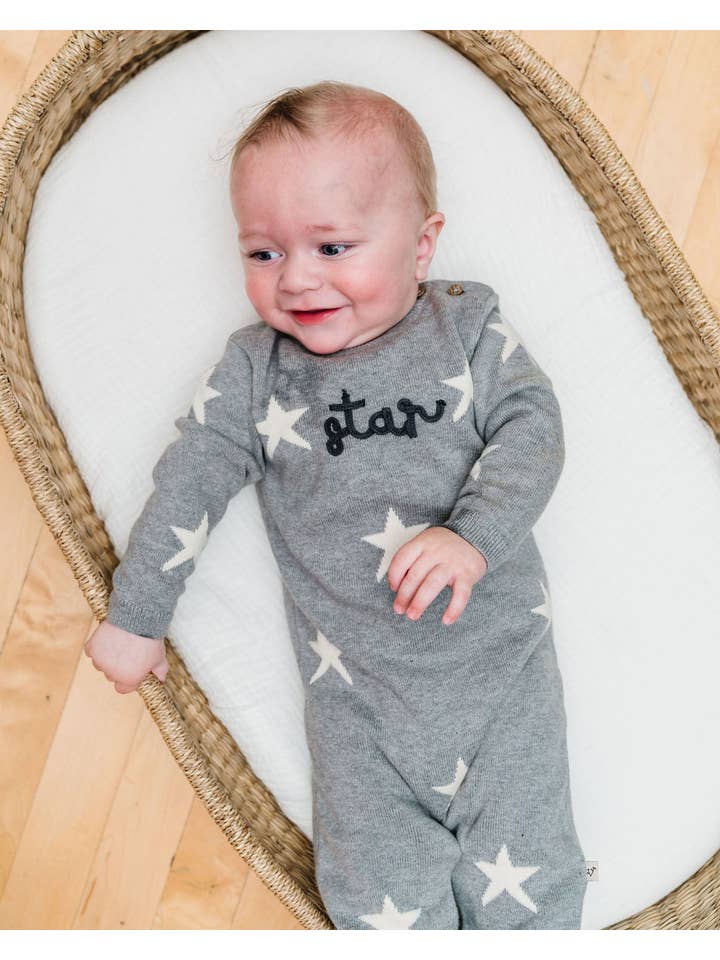 Heather Grey Star Jacquard Baby Sweater Knit Jumpsuit (Organic Cotton) for wholesale on Faire