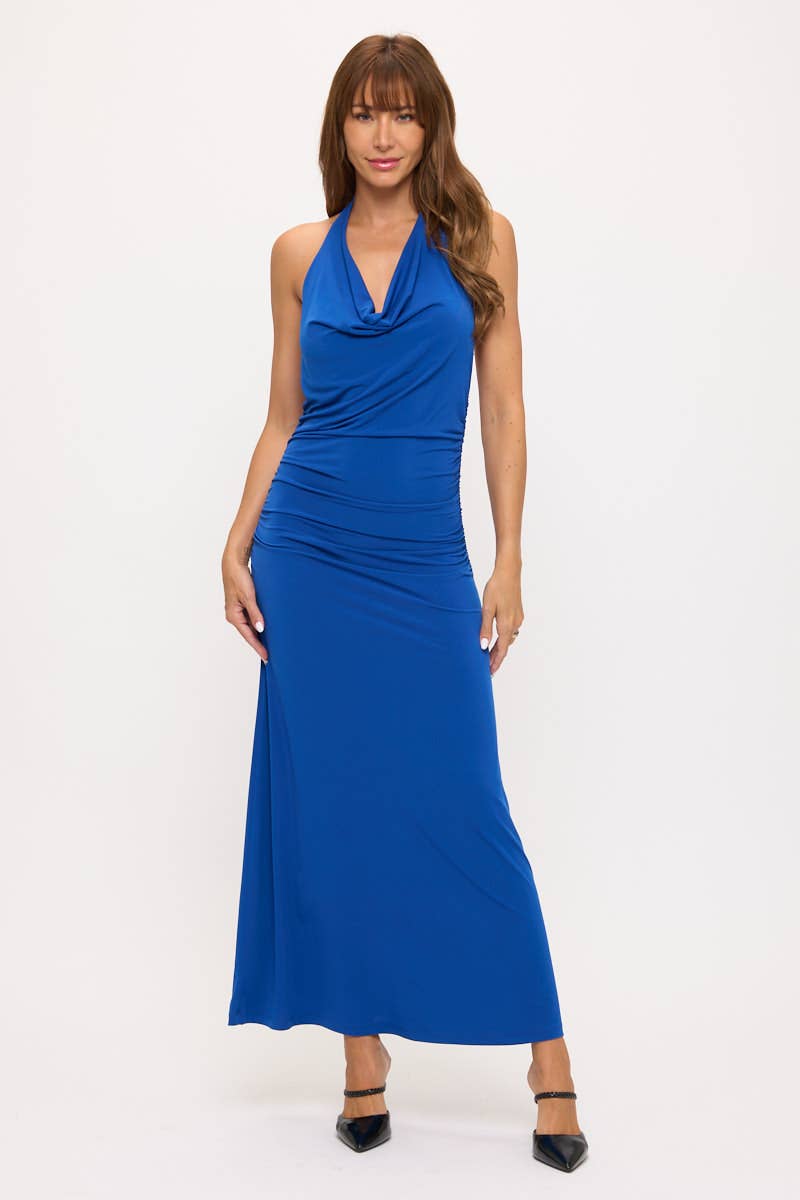 Blue Made in USA Halter Jersey Maxi Dress w Ruched Back for wholesale on Faire