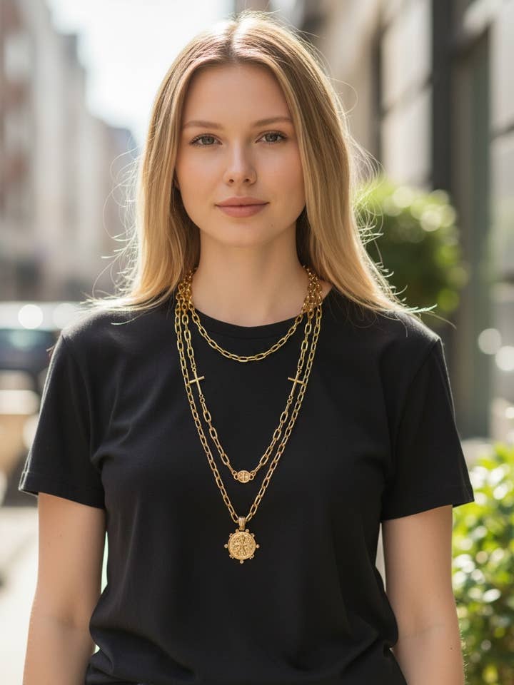 Conjunto de três colares individuais em camadas em ouro por atacado de Ava Capri