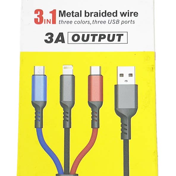 Câble 3 en 1 de 3 pieds Chargement rapide tressé en métal - 1 pièce /Boîte pour la vente par 7 Star