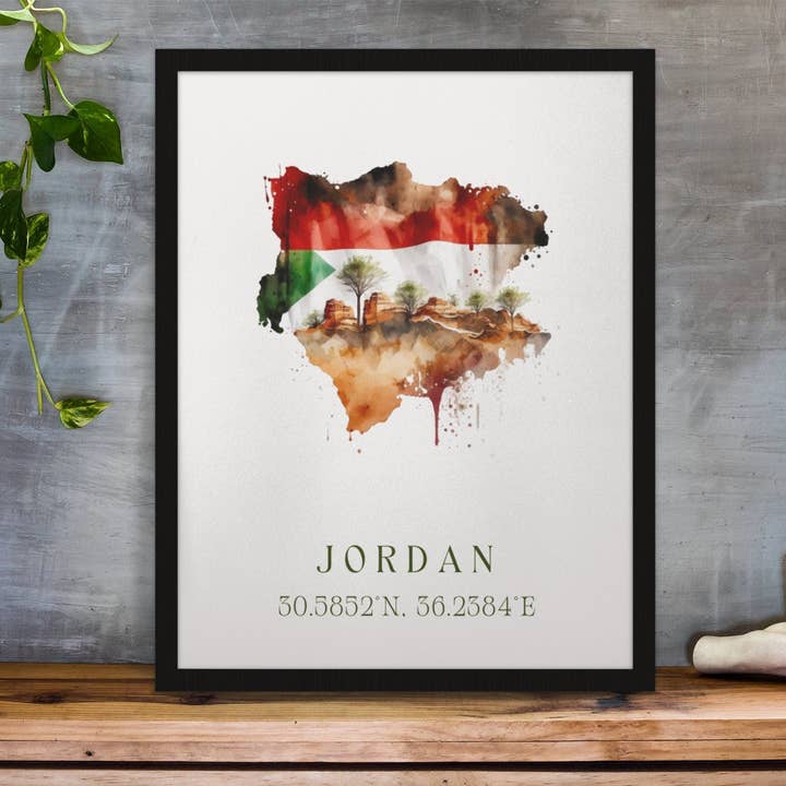 Jordan traditional travel art - Flag of Jordan, Jordan poster, Wedding gift, Birthday present, Custom Text, Personalised Gift for wholesale by Premium Travel Art