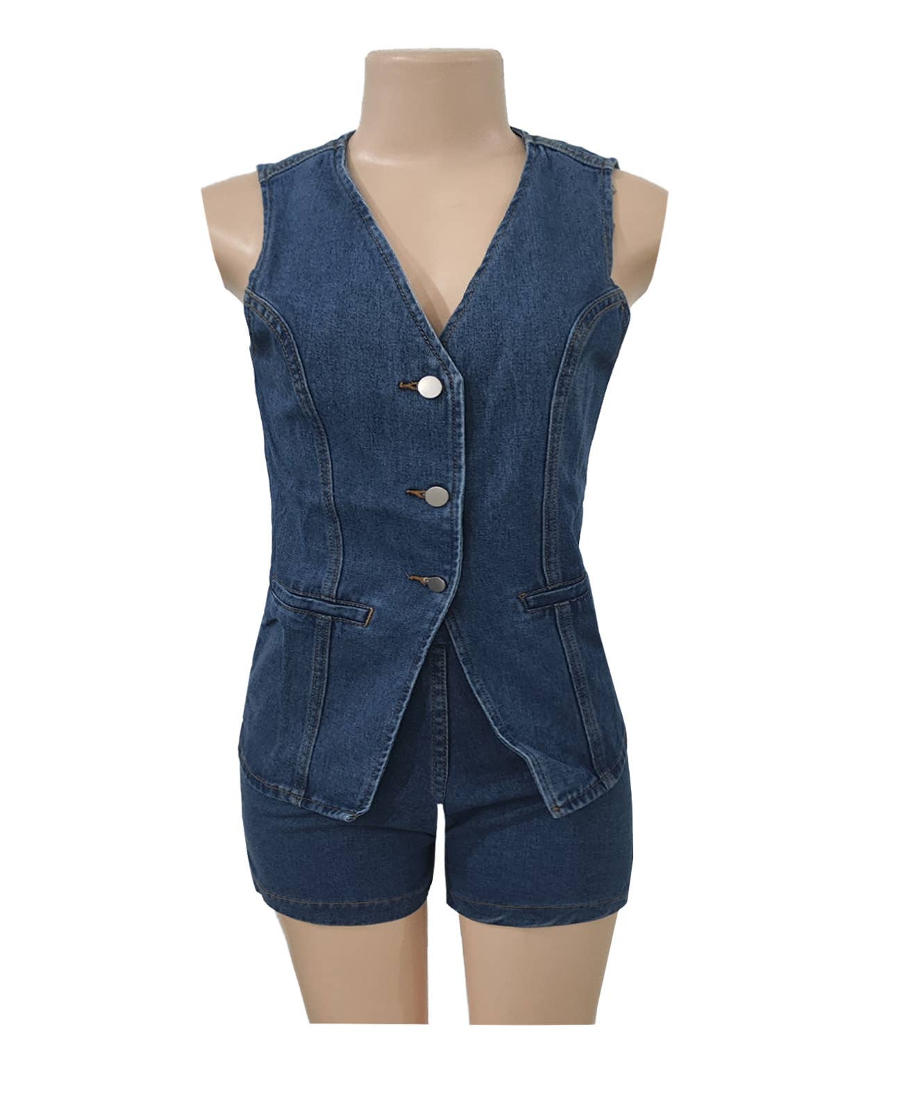 Rosa Clothing - Wholesale Top & Short Set (NOT Loungewear) - Women's - Smart & Intelligent denim buttoned tank top Split waistcoat4