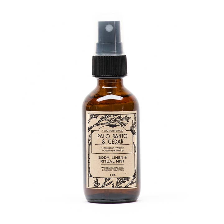 Palo Santo & Cedar Body & Linen Ritual Mist with crystals and essential oils - 2 oz. for wholesale by J. Southern Studio