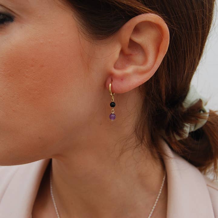 Yneda Jewels - Wholesale Dangle Earrings - Onyx-amethyst earrings, silver 925 hoops, gemstone earrings.2