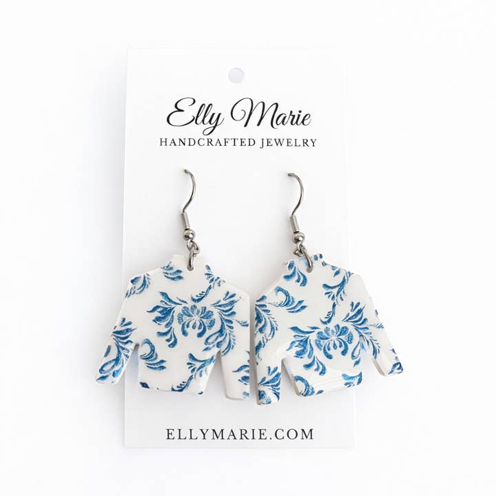 Blue & White Floral Jockey Silks-Clay Earrings for wholesale by Elly Marie Jewelry