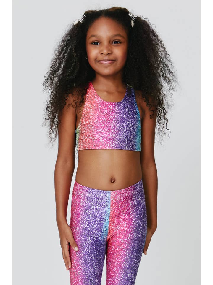 Kids Sports Bra in Rainbow Glitter Foil for wholesale on Faire
