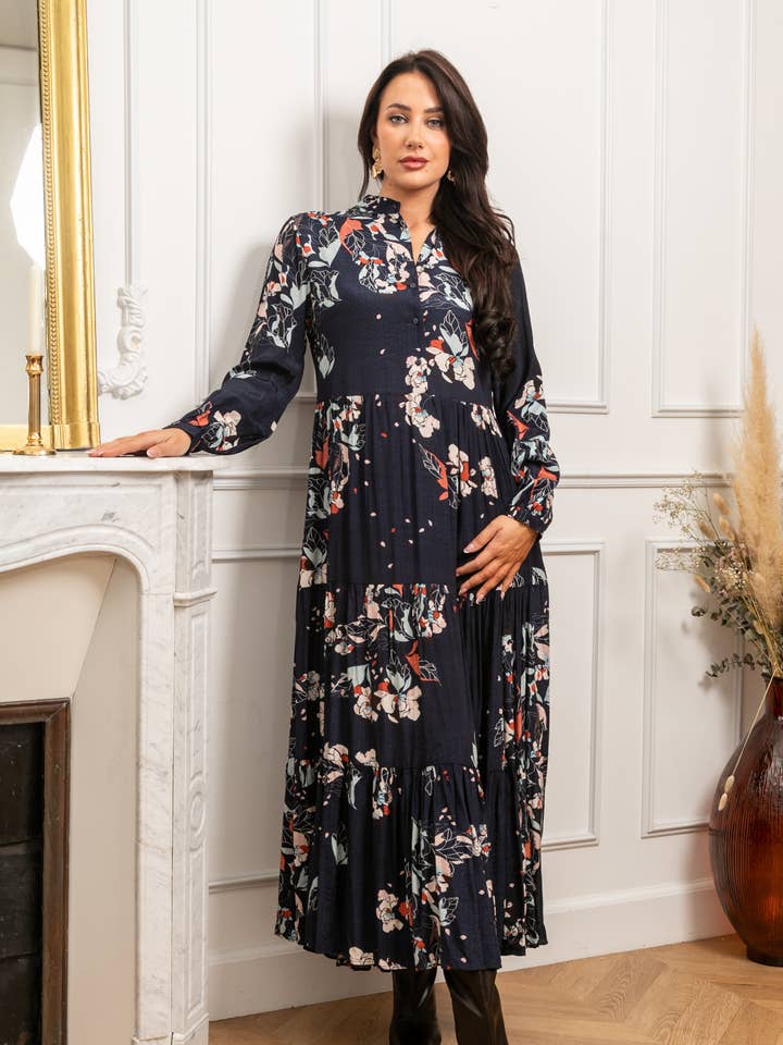 Long printed shirt dress, faded style, flared cut for wholesale by last queen