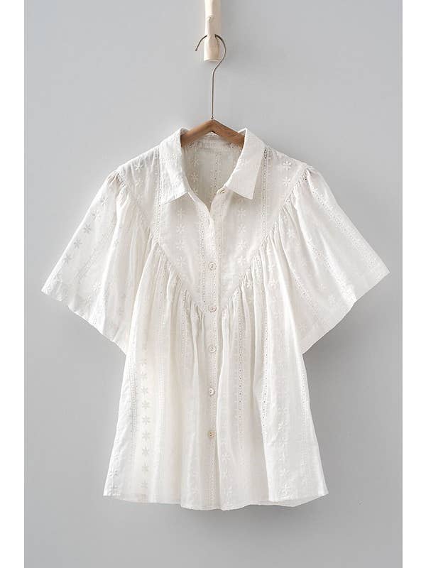 WHITE Floral Eyelet Button-Up with Flutter Sleeves for wholesale on Faire