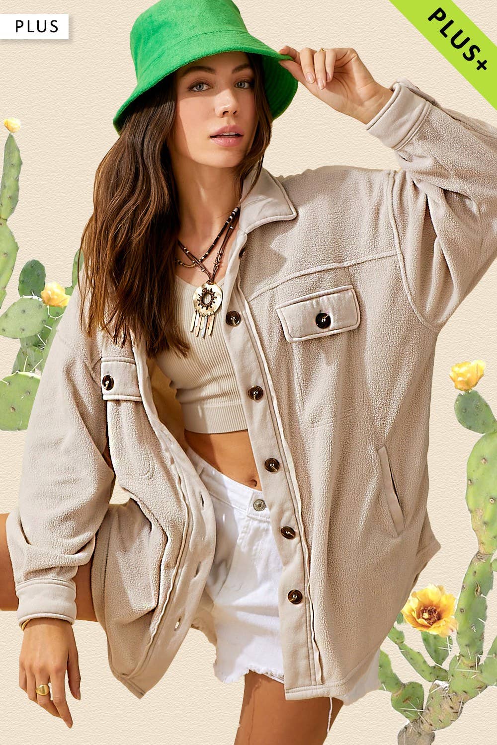 La Miel - Wholesale Shirt Jacket/Shacket - Women's - JKT1712P-Plus Size Loose Fit Button Down Fleece Shacket16