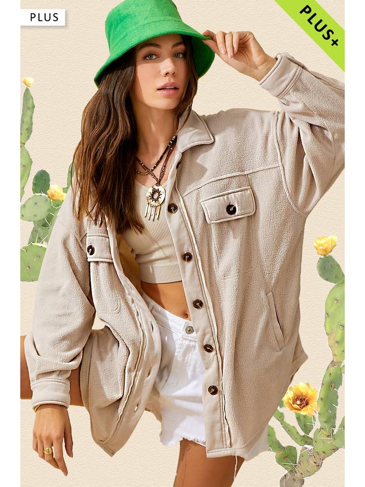 La Miel - Wholesale Shirt Jacket/Shacket - Women's - JKT1712P-Plus Size Loose Fit Button Down Fleece Shacket16