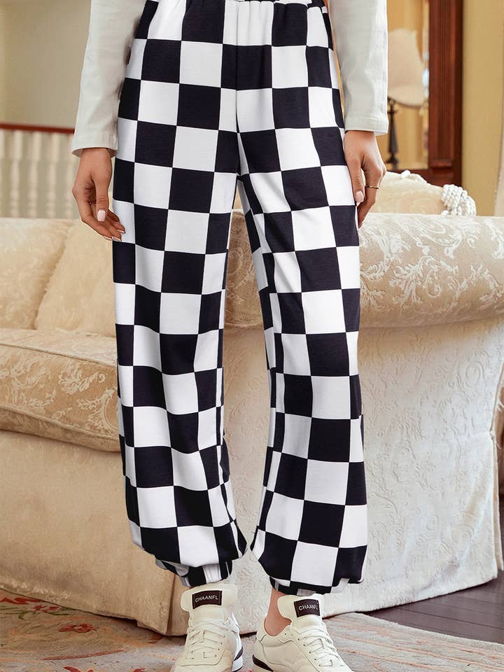 Checkerboard Elastic Waist Pocketed Joggers for wholesale by 1 the Woman
