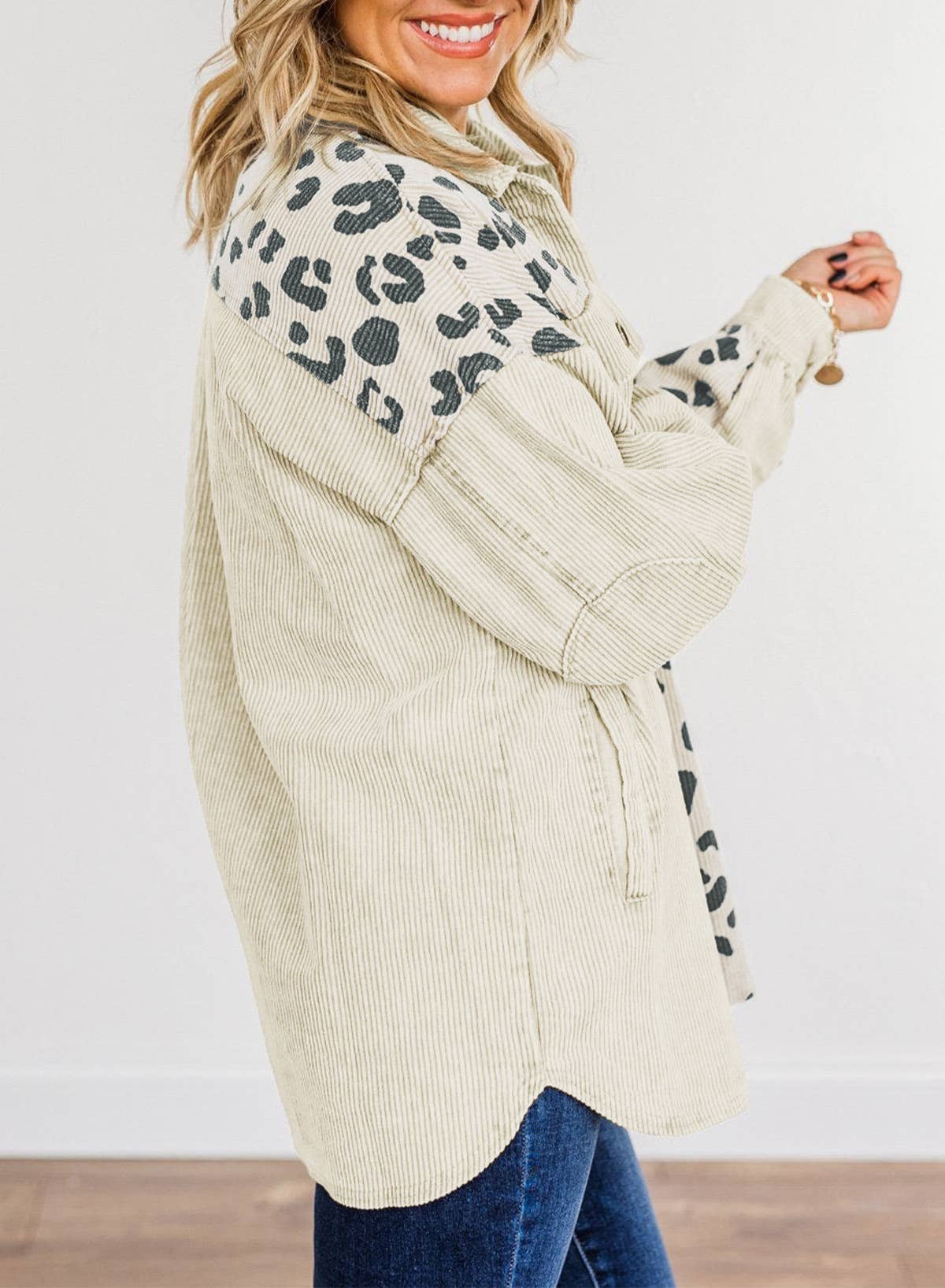 khaki leopard patchwork oversized corduroy Shacket for wholesale on Faire2