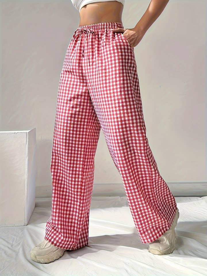 Easy Cozy Red Gingham lounge wide leg pants for wholesale on Faire2