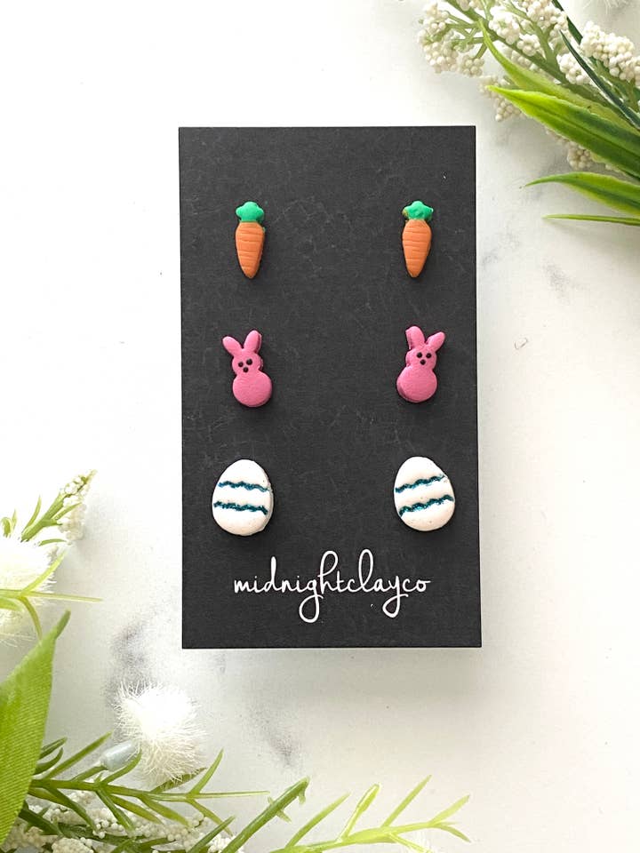 Easter stud earrings, bunny studs, stud set, spring jewelry for wholesale by midnightclayco