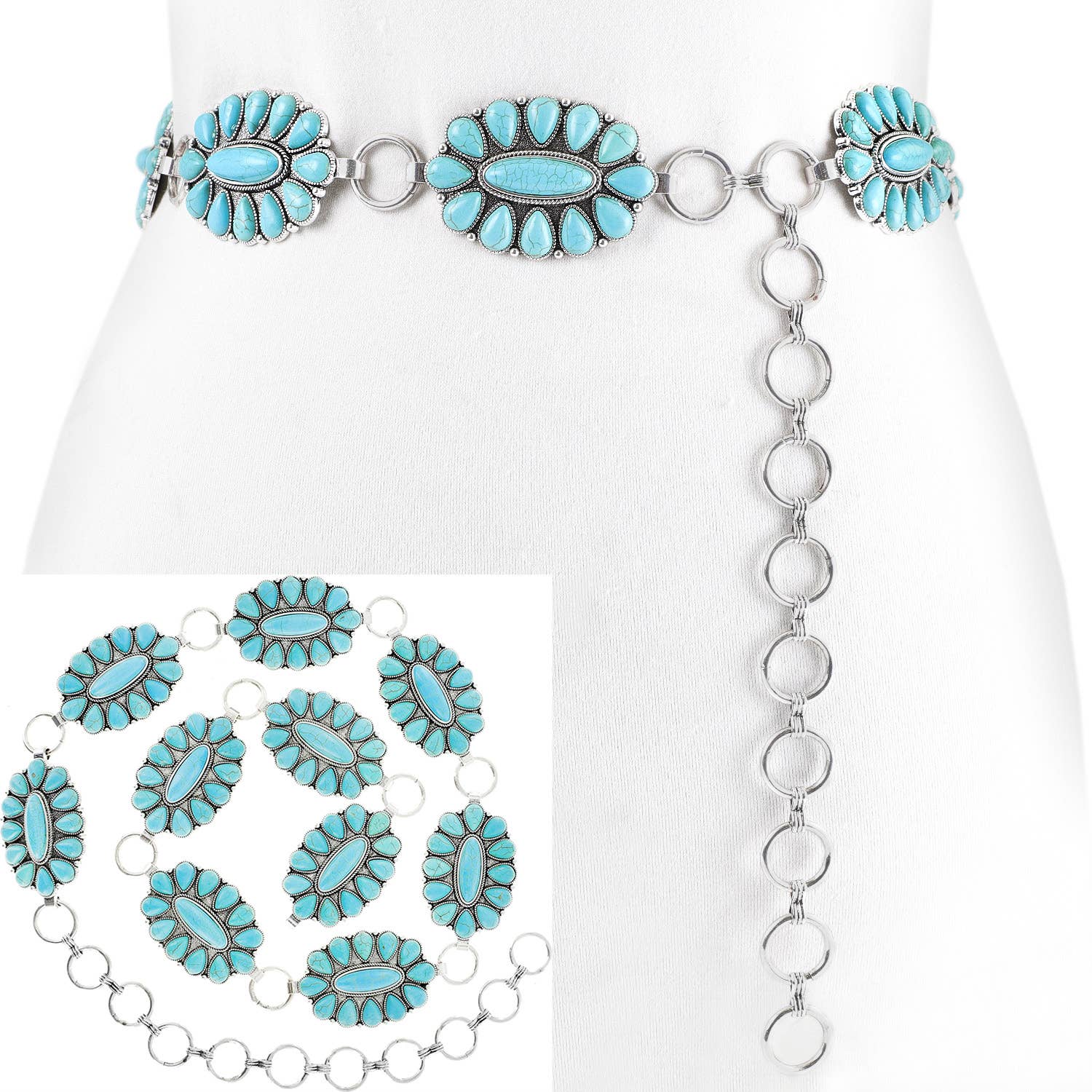 SP Sophia Collection - Wholesale Belt - Women's - Western Style Semi Stone Squash Blossom Chain Link Belt3