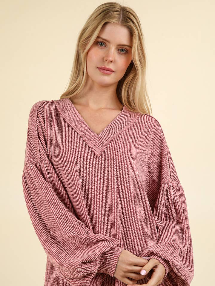 VERY J - Wholesale Knit Top - Women's - NT11946-Two Tone Otto Ribbed V-Neck Oversized Knit Top