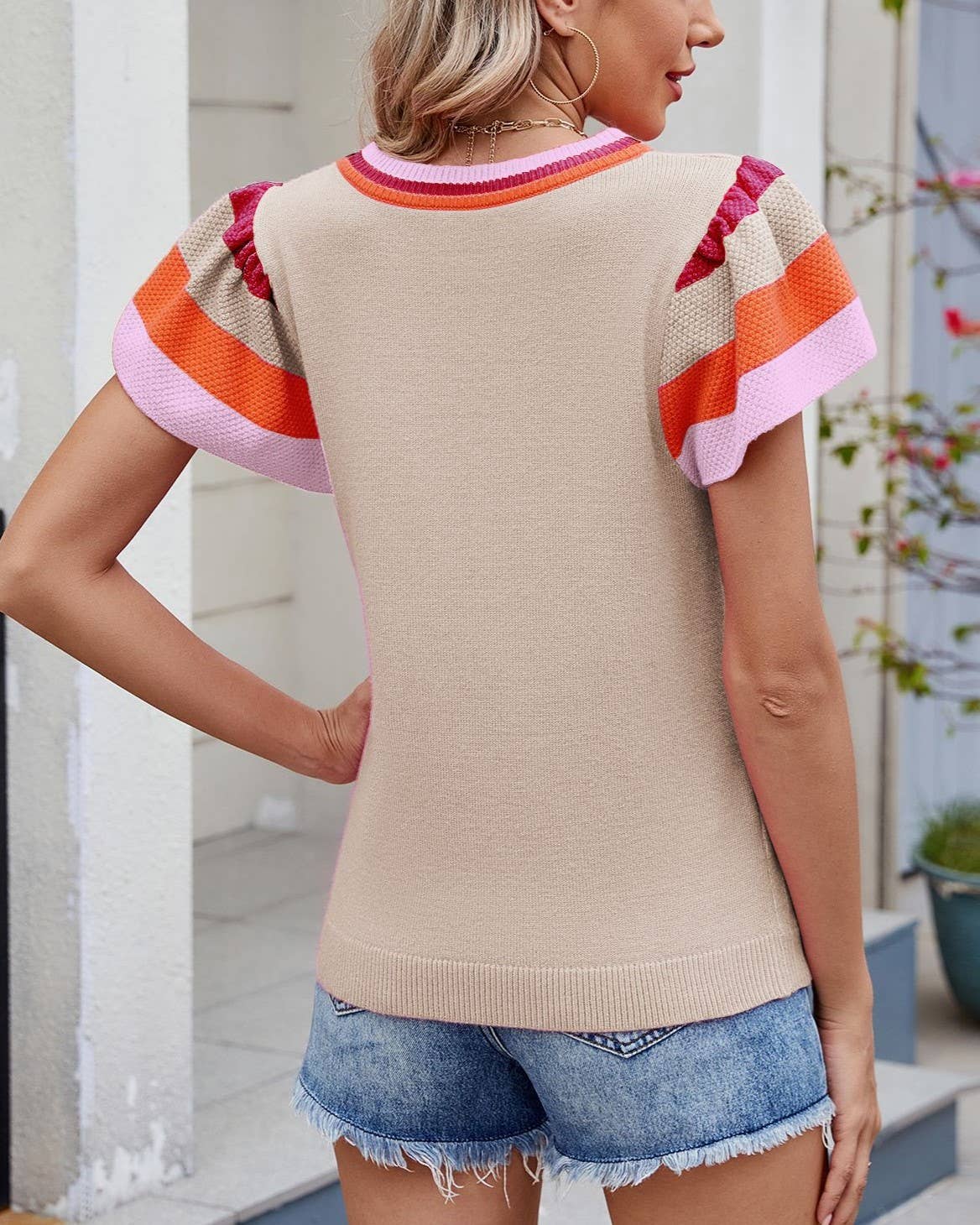 Rosa Clothing - Wholesale T-Shirt - Women's - Stylish Color-Block Ruffled Sleeve And Trim Knit Top9
