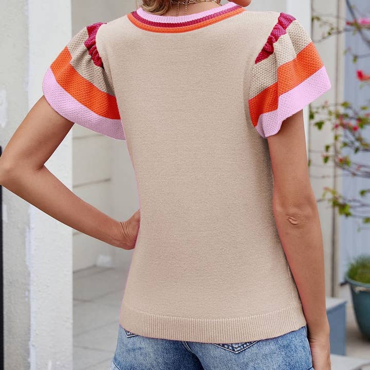 Rosa Clothing - Wholesale T-Shirt - Women's - Stylish Color-Block Ruffled Sleeve And Trim Knit Top9