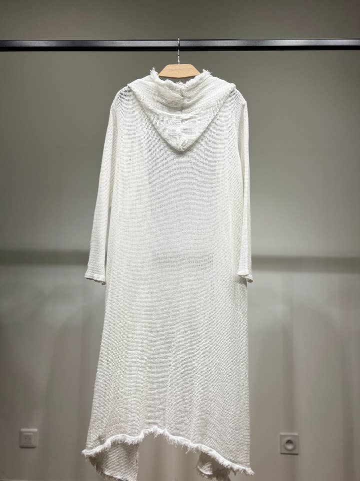 L'Emotion - Wholesale Kimono - Women's - Long Hooded Openwork Knit Fringed Effect Kimono 100% Cotton1