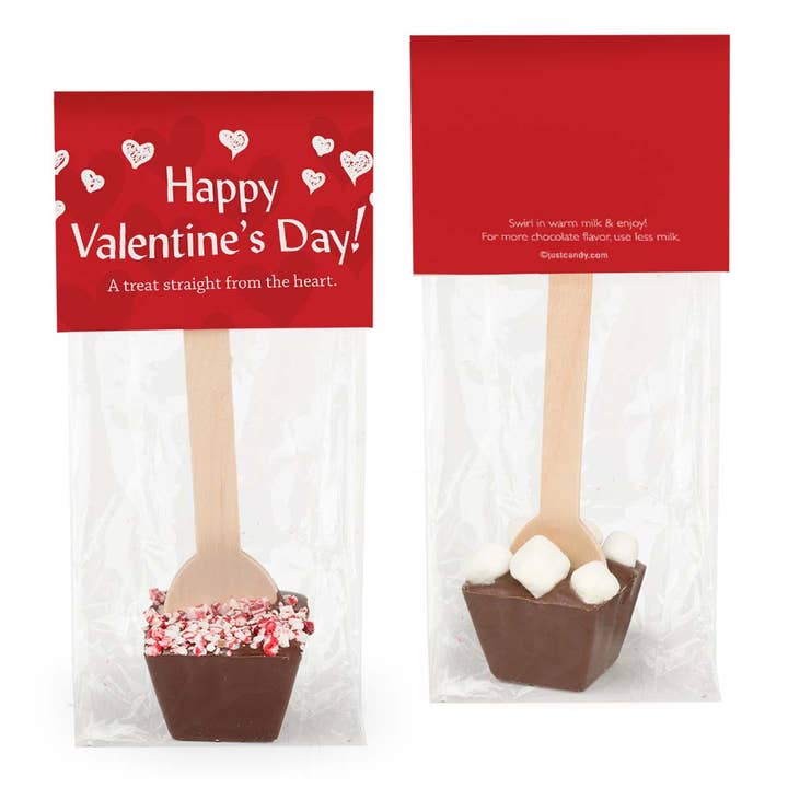 Chocolat au lait pour la Saint-Valentin avec mini-cuillère à chocolat chaud aux guimauves - Joyeuse Saint-Valentin pour la vente par Just Candy
