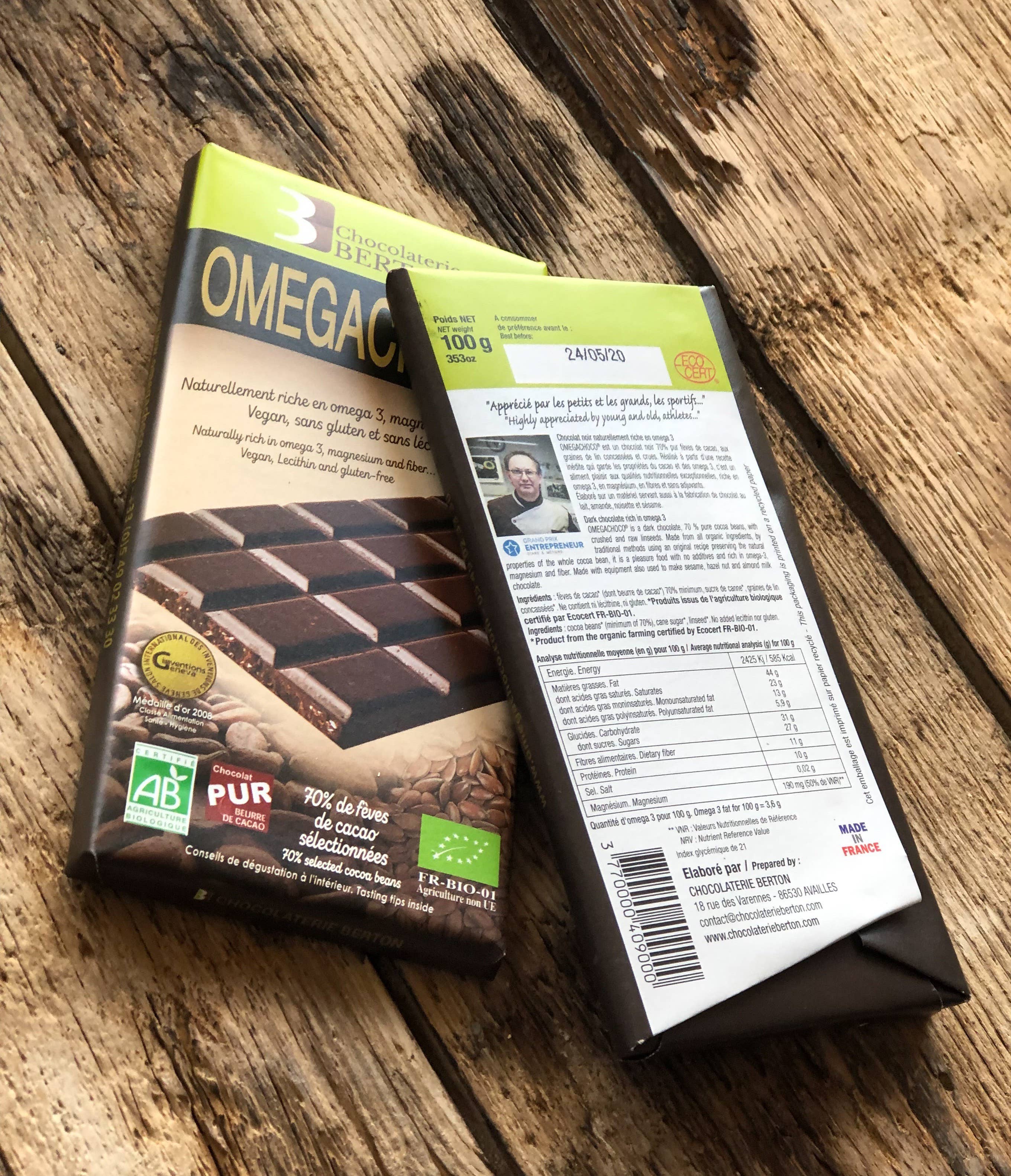 Chocolaterie Berton / Omegachoco - Wholesale Chocoladereep - Omegachoco biologisch chocoladereep met omega-3 en lijnzaad1